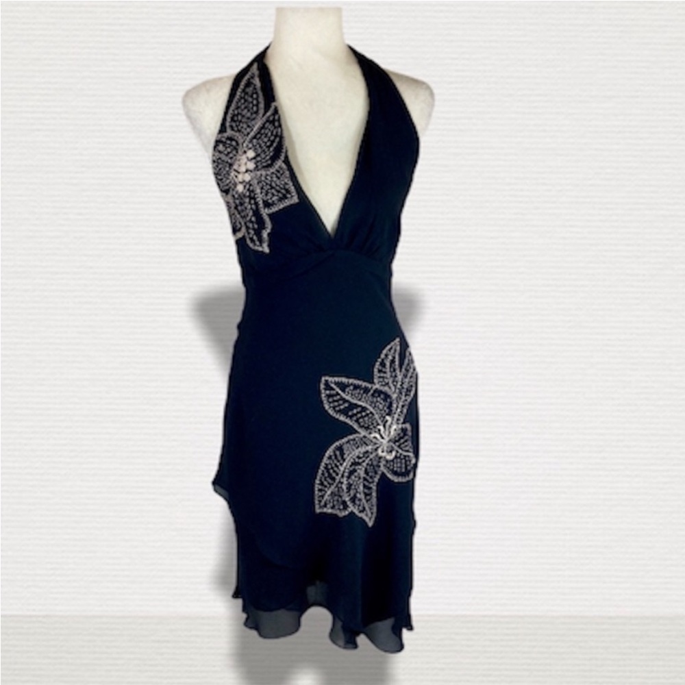 BCBGMaxAzria Black Midi Dress with White Floral Accents